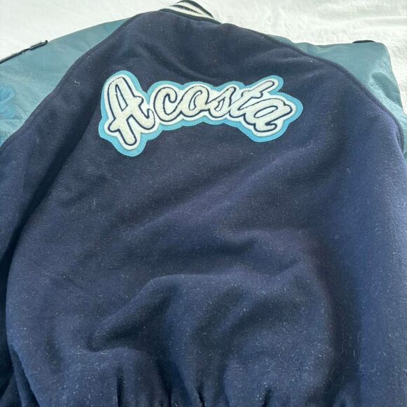 VINTAGE Letterman Blue Navy Women's Leather Varsity Oversized Large Felt Jacket - Picture 2 of 4